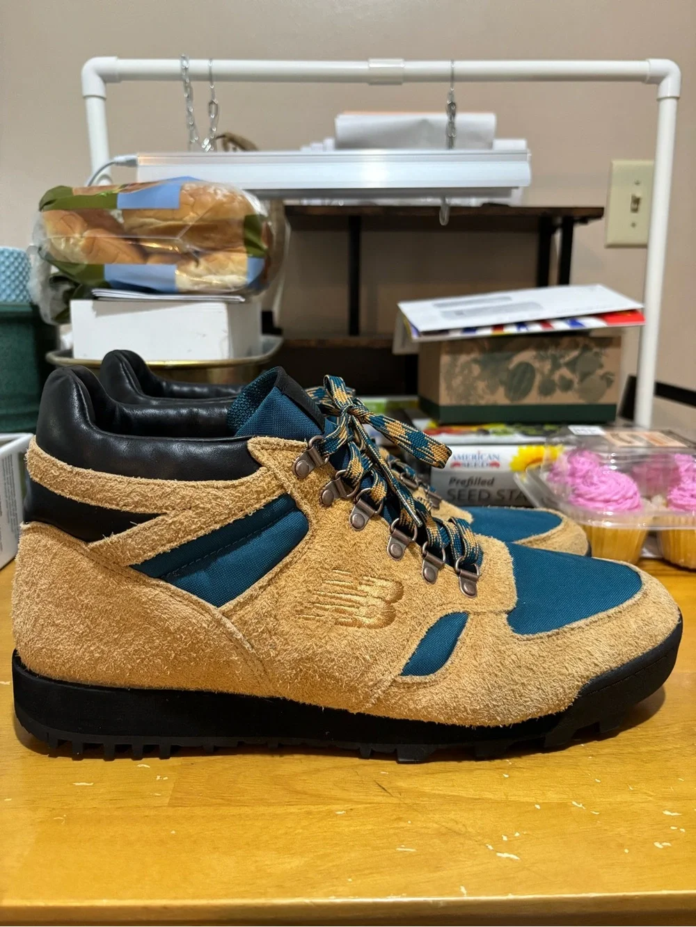 New Balance Rainier Men's Tan Suede & Teal Hiking Sneakers